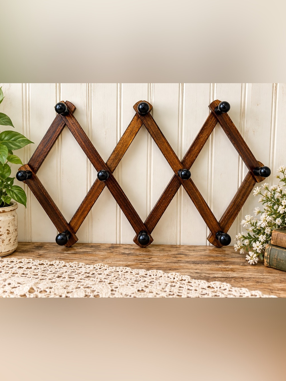 Vintage Wood Accordion 10 Peg Expandable Wall Rack